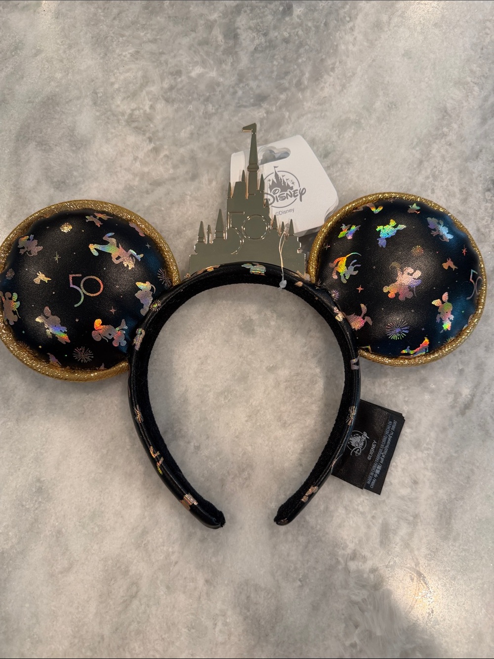Disney Black Minnie Ears Headband with Holographic 50th Accents and Gold Trim